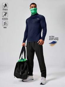 Acti Log 男士字母印花四分之一拉链插肩袖运动T恤 压缩衣 - 寶藍色 - 查看 5