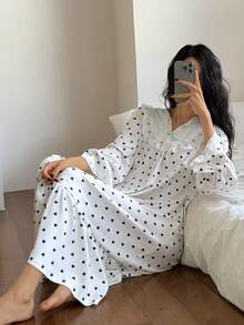 DAZY Sweet Lace Patchwork Heart Print Ruffle Hem Loose Long Nightgown For Women - Beige - View 6