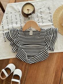 SHEIN 1 Piece Baby Girl Cute Versatile Casual Striped Tight Sleeveless With Ruffled Sleeves Contrast Color Sleeveless T-Shirt, Comfortable Casual Versatile Fashion Everyday, Suitable For Birthday Parties, Evening Parties, Performances, Weddings, Baptisms, Opening Ceremonies Indoors, Outdoors, Daily Life, Sports, Play, Parties, Photo Shoots, Vacations, Festivals Suitable For Spring, Summer And Autumn Toddler Ruffle Sleeved Tops Toddler Striped Shirt Toddler Summer Tops - Black - View 4