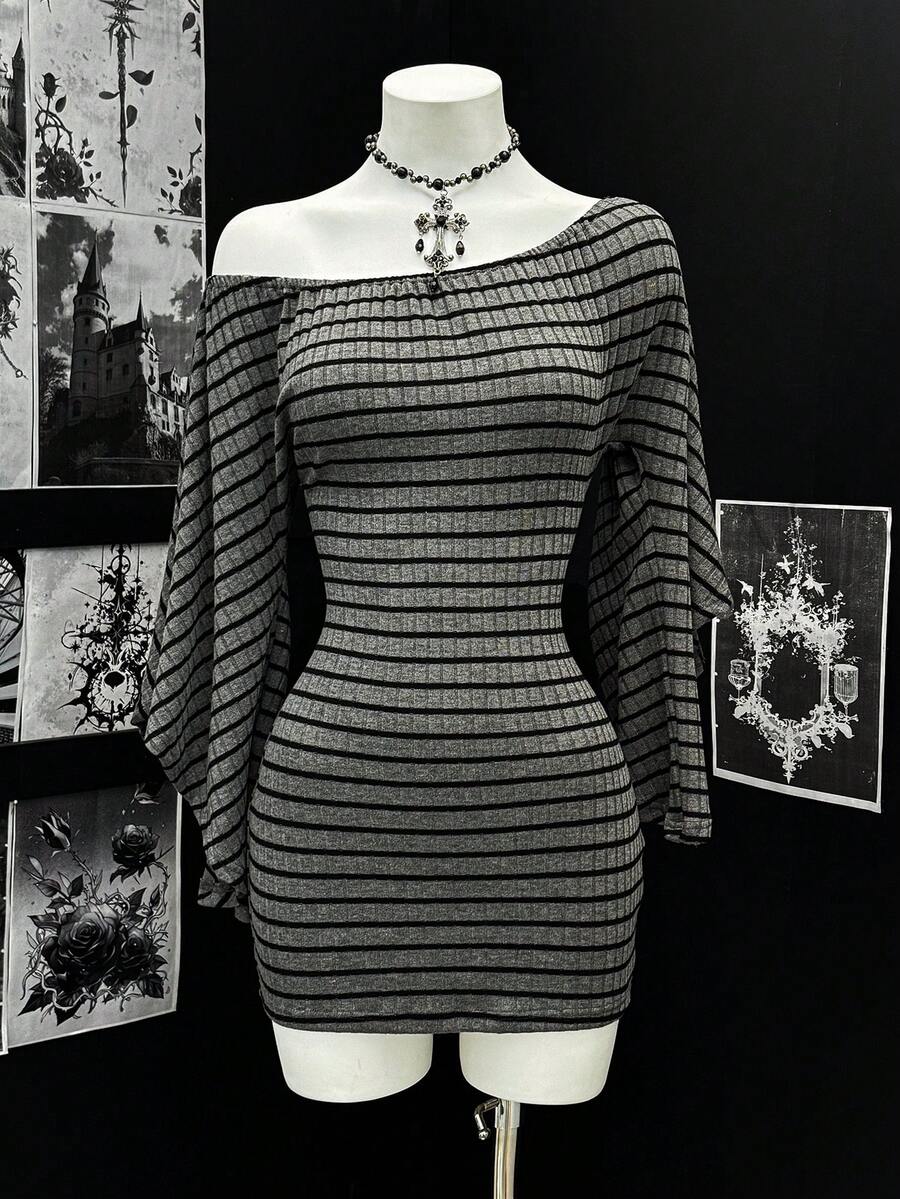 EgrlEra Damen Retro Dunkel Punk Sexy gestreiftes Strick-Minikleid