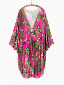 Swim Lushoire Beach Outfits For Woman Tropical Print Drawstring Front Cover Up Dress,Summer Beach - Multicolor - View 3