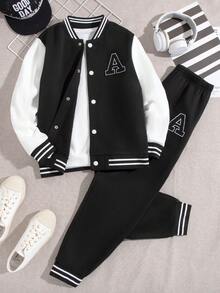 SHEIN Vacaura Tween Boy Letter Patched Striped Trim Varsity Jacket & Sweatpants Without Tee Chic Outfits For Autumn/Winter - Black - View 3