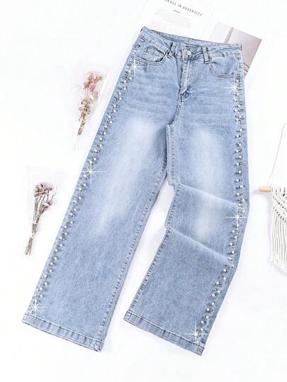 HIMARRI Pantalón con brillos Mezclilla mujer mezclilla ropa vaquera de mujer denim pantalones para mujer outfit vaquero mujer pantalón de brillos