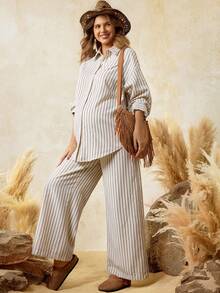 SHEIN BOHO 2pcs Maternity Set: Striped Drop Shoulder Long Sleeve Shirt And Adjustable Waist Wide Leg Pants, Casual