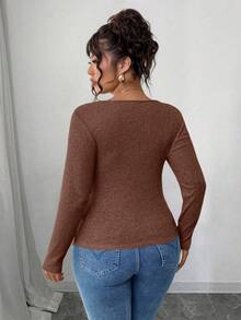 Elenzga Áo thun dài tay ôm sát họa tiết bèo nhún cổ điển không đối xứng cỡ lớn cho nữ RosyDaze - Màu nâu  Mocha - Xem 2