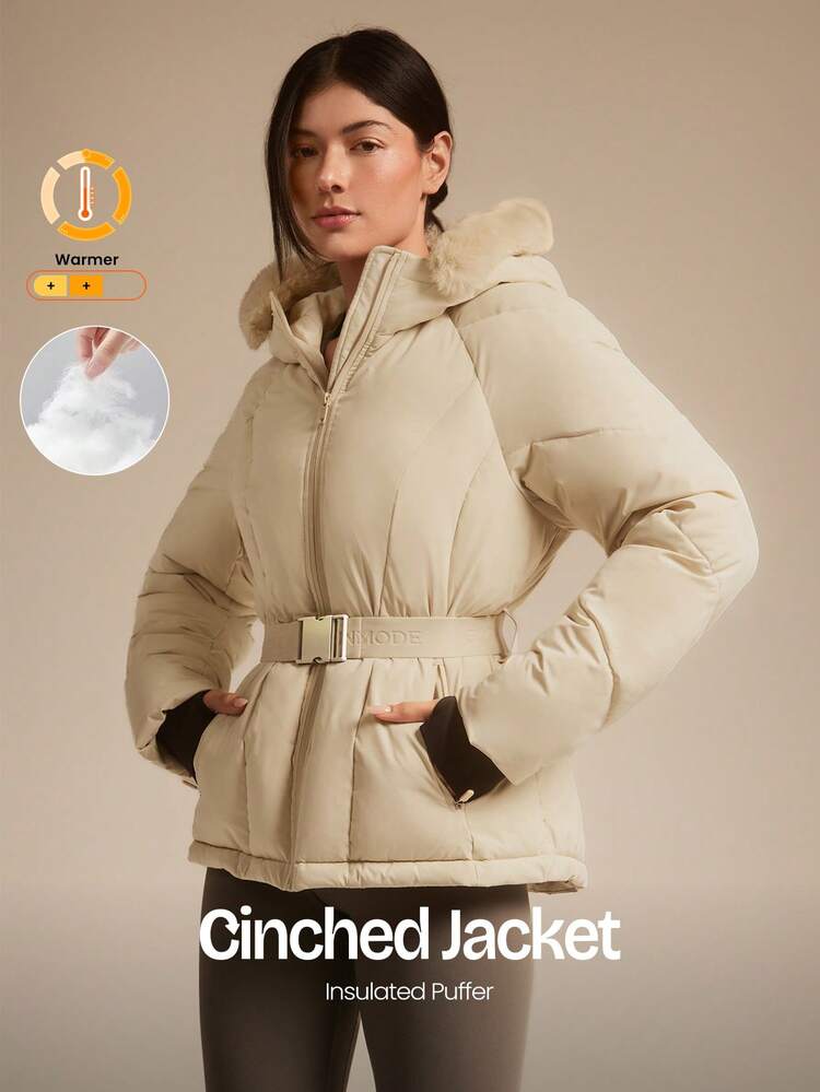 Veste matelassée à capuche en fausse fourrure légère et douce, déperlante, avec ceinture. Idéale pour les jours froids en automne et en hiver, pour un usage quotidien et en extérieur.