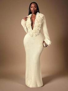 Plus Size Fashionable Sexy Fringe Decor Deep V-Neck Extra Long Knit Dress In Fall/Winter,Spring To Summer, - Beige - View 4
