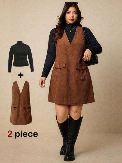 Elaquor Plus Size V-Neck Pocket Sleeveless Dress Paired With Black Collar Long Sleeve Top, 2 Piece Set Brown