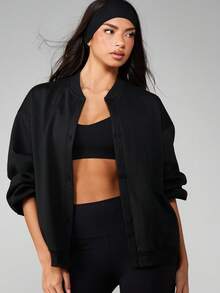MISSGUIDED Women's Oversized Button Through Bomber Sweatshirt Casual Streetwear Long Sleeve Fall Winter Jacket Layering Piece - Black - View 4