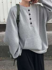 FRIFUL Women's Grey Casual Oversized Sweatshirt,Autumn Round Neck Half-Zip Button Decor Drop Shoulder Thermal Lined Loose Kangaroo Pocket Versatile Occasion - Grey - View 3