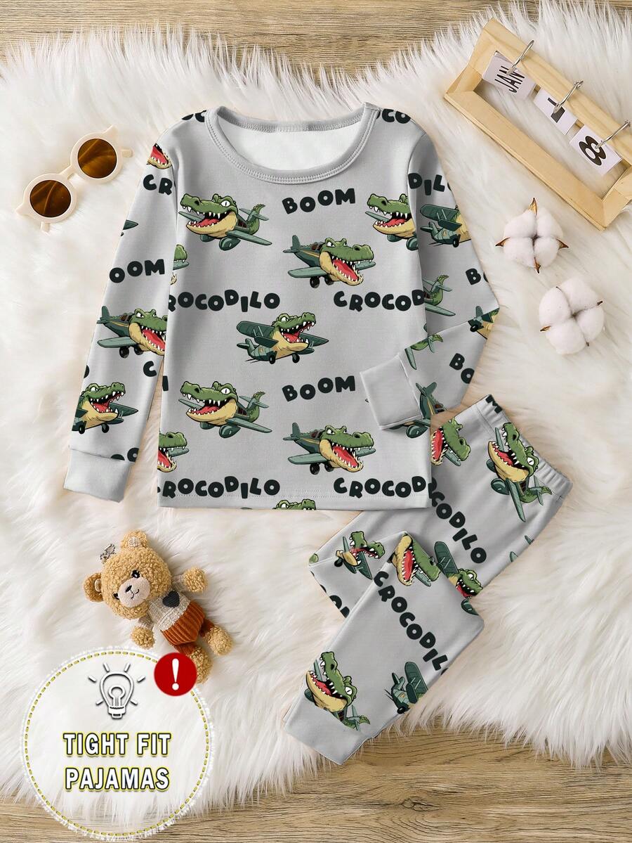 一套男童鳄鱼印花修身睡衣套装，卡通图案长袖上衣和裤子，春秋季 - 灰色 - 查看 1