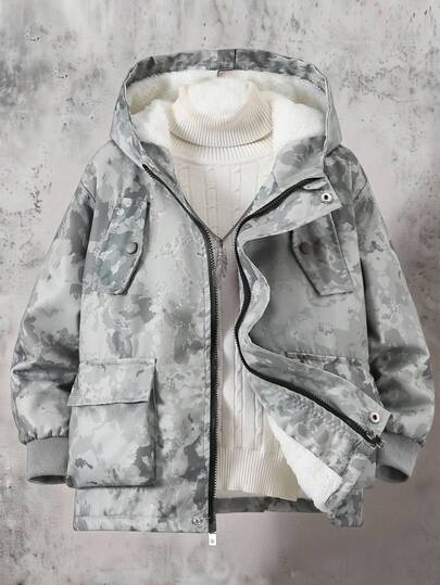 1pc Boys' Casual Autumn/Winter Fleece Lined Cargo Jacket Fall