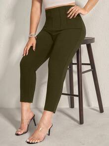 Comfylo 大码休闲纯色高腰舒适裤 - 軍綠色 - 查看 6