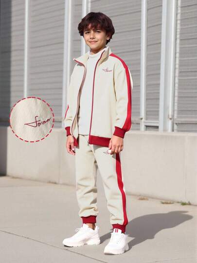 SHEIN Vacaura 2pcs Tween Boy Contrast Embroidery Zip-Up Jacket And Pants Set