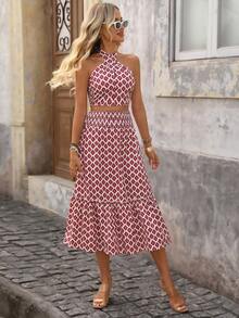 Brillora 女士休闲交叉露背吊带上衣和宽松A字印花半裙沙滩两件套，春夏款 - 彩色 - 查看 5