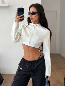 Coolane 女士冬季街头风锐舞派对嬉皮运动休闲Y2K基础款皮革舒适拉链修身比赛日白色短款长袖外套 - 白色 - 查看 5