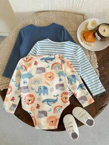 LMoss Kids LMoss 3件套男婴可爱百搭针织弹力条纹动物印花长袖连体衣，适合各种场合，舒适秋冬款式 - 彩色 - 查看 2