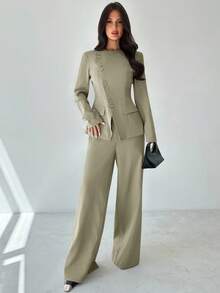 Firerie Bộ vest 2 món màu xám kaki thanh lịch, thời trang đường phố đa năng, đi làm hàng ngày dành cho nữ, mới ve áo bất đối xứng, cài nút ở eo, tay dài và quần dài cạp cao, quần áo thu đông dành cho nữ - Màu xanh Ô liu - Xem 4