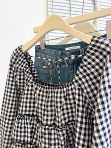 INAWLY 女士秋季新款可爱荷叶边下摆衬衫 - 黑與白 - 查看 8