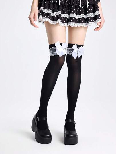 ROMWE Kawaii 1 par de medias altas para mujer con adorno de lazo de encaje