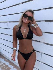 Swim SXY 2pcs New Fashionable Women Beach Holiday Outfits, Strap Solid Color Summer Two Pieces Bikini Set Sets Search Black Vacation - Black - View 7