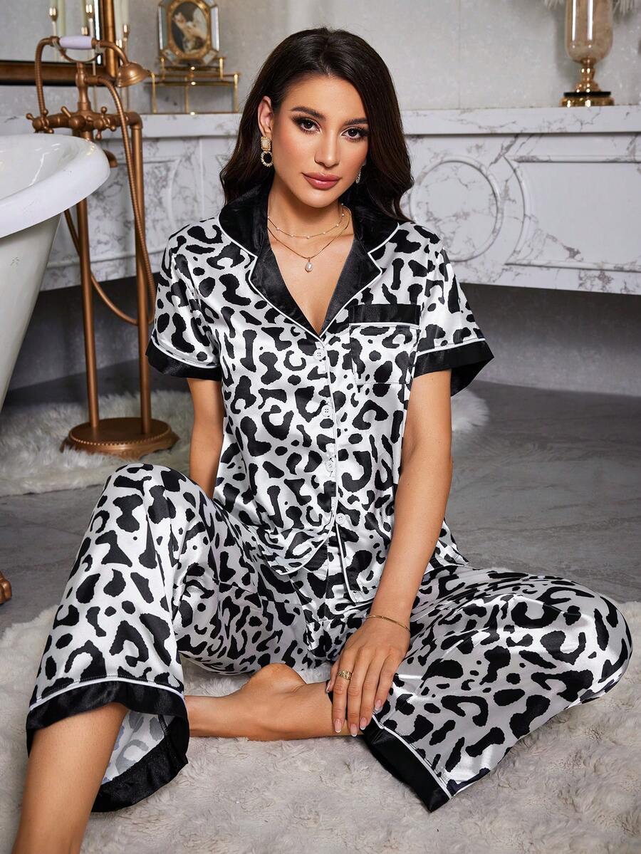 LuxeNights Contrast Color Patchwork Lapel Faux Silk Leopard Print Pajama Set - Black and White - View 1