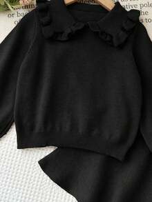 SHEIN 女童纯色彼得潘领长袖休闲毛衣和针织迷你裙套装，秋冬款 - 黑色 - 查看 6