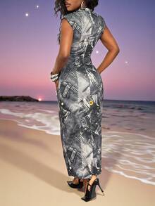 Slaydiva Women's Stand Collar Sleeveless Bodycon Midi Dress,Denim Print Grey Fitted Elegant Maxi Dress For Autumn,Streetwear,Vacation,Holiday,Parties,Dates - Multicolor - View 3