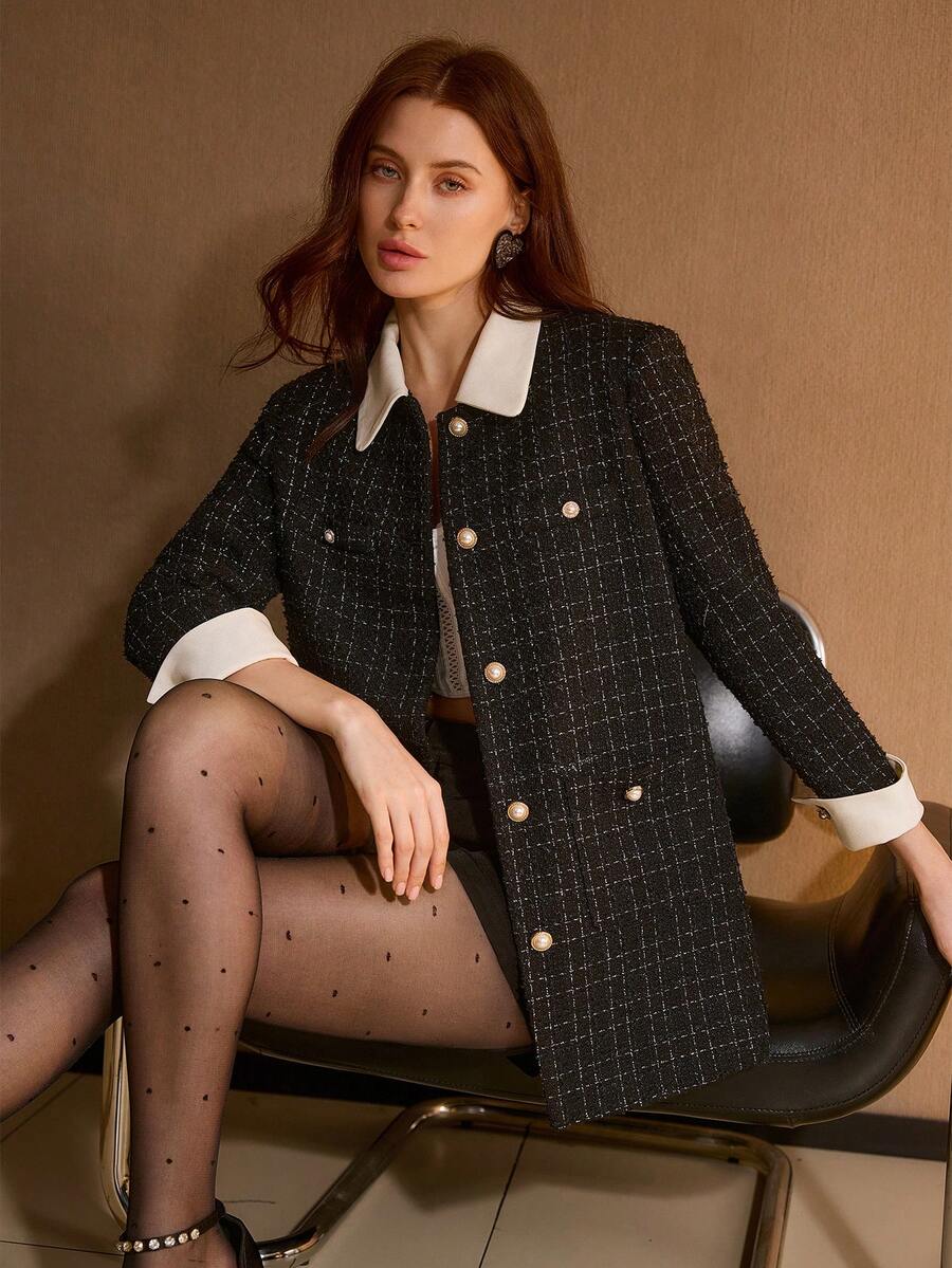 PREMIUM 女士优雅撞色滚边仿珍珠纽扣外套 - 黑色 - 查看 1