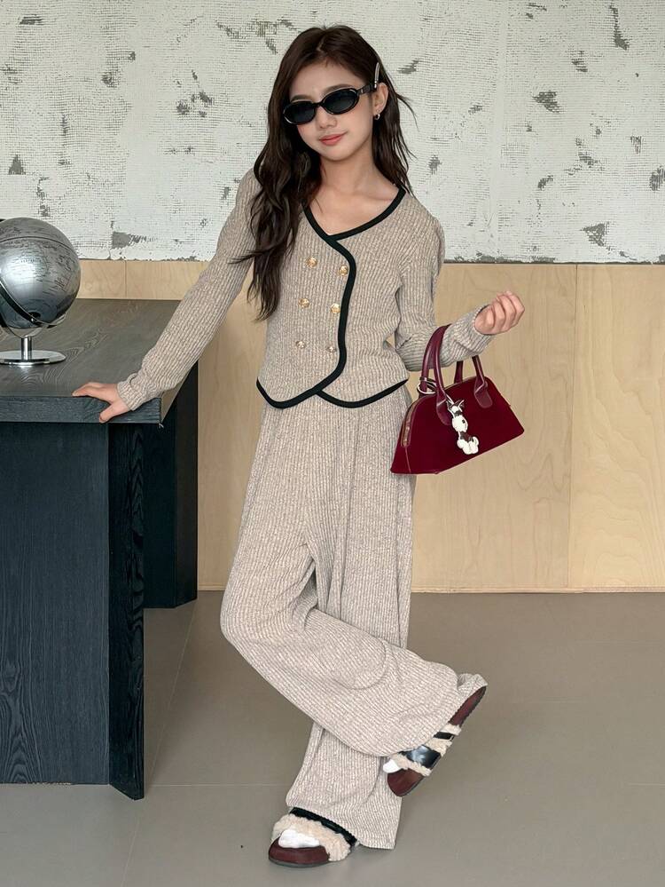 Tween Girl Contrast Trim Double-Breasted Top And Wide Leg Pants Set