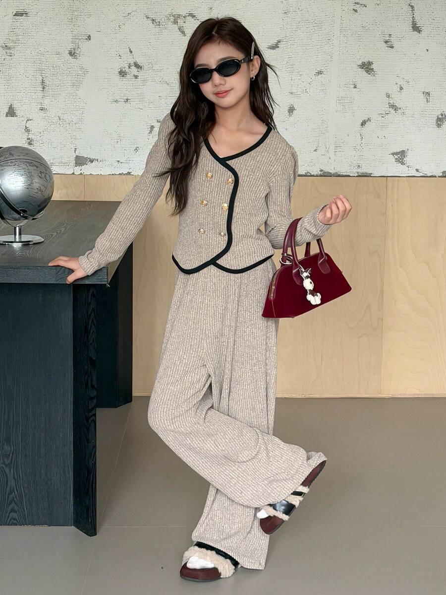 DAZY 少女撞色滚边双排扣上衣和阔腿裤套装