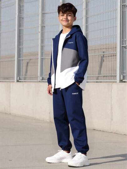 Vacaura Conjunto informal de 2 piezas para niños preadolescentes con chaqueta con capucha de patchwork tricolor con estampado de letras y pantalones jogger de cintura elástica, corte holgado, cómodo y versátil, adecuado para otoño, primavera, invierno, uso diario, ir y venir, al aire libre, deportes, escuela, streetwear, fiestas, fotografía