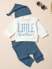 SHEIN HELLO Letter Embroidered Newborn Photography Outfit, Baby Boys/Girls Top, Pants, Hat 3pcs Set, Infant 1 Month To 100 Days Studio Photo Shoot Clothing