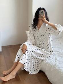 DAZY Sweet Lace Patchwork Heart Print Ruffle Hem Loose Long Nightgown For Women - Beige - View 4