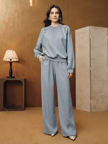 Anewsta Vintage Washed Light Blue Rhinestone Embellished Casual Sweatshirt For Women - Blue - View 5