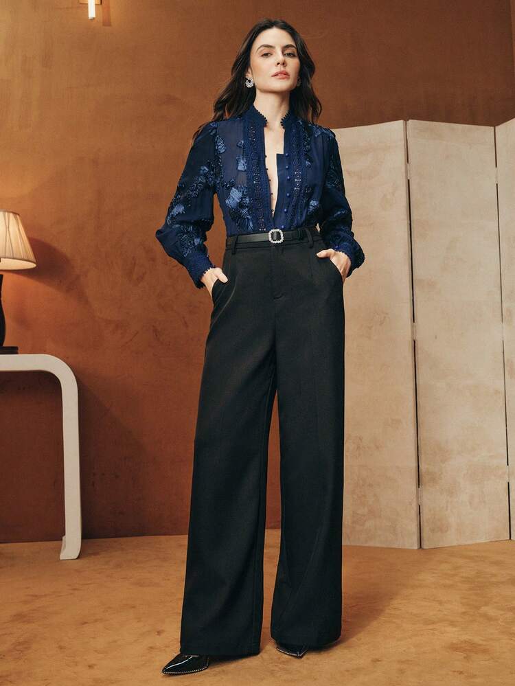 Women's Spring/Autumn Embroidered Lace Patchwork Lightweight Chiffon Blouse, Featuring Hollow Lace Trim At Collar And Cuffs, Suitable For Valentine's Day And Mother's Day, Navy Blue Long Sleeve