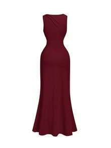 SHEIN MOD 杏色金属扣褶裥不对称修身连衣裙 - 酒紅色 - 查看 2