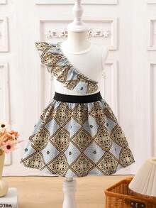 2 Stücke/Set Baby Mädchen Sommer Neu Rundhals Ärmellos Weste Top mit Blumen Rüschen Saum & Plissee Dekoration, kombiniert mit vintage Blume Muster A-Linien Rock, elegantes Outfit - Verschiedenfarbig - Übersicht 3