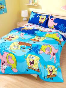 SpongeBob SquarePants | SHEIN 3pc Marine Animal Cartoon Print Quilt Set, Sanded Material, Soft And Warm, Blue Quilt Cover, Double-Sided Pattern, Multiple Sizes, Suitable For Single Bed/Double Bed/King Bed/King Bed,Gift Ideas - Blue - View 2