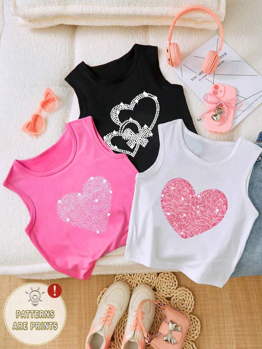 Sparklyn Set de 3 tops de tirantes con estampado de corazón de moda para chicas adolescentes, de estilo casual - Blanco - Ver 1