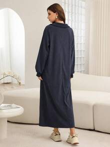 Al Najma Gaun Korduroi Leher Tinggi Wanita, Musim Gugur/Dingin - Navy Blue - View 7