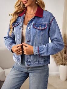 EMERY ROSE Áo khoác denim tay dài, cài nút đơn giản, ve áo màu tương phản, thời trang thu đông cho nữ - Màu xanh lam - Xem 3