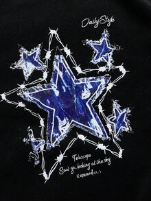 Coolqubz 2件套青少年圆领仿牛仔星星印花休闲运动衫和运动裤套装，美式街头风格，秋冬 - 黑色 - 查看 3