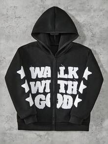 Coolqubz Tween Boys' "Walk With God" Printed Hooded Zip-Up Casual Street Jacket, Suitable For Spring, Autumn & Winter - Black - View 1