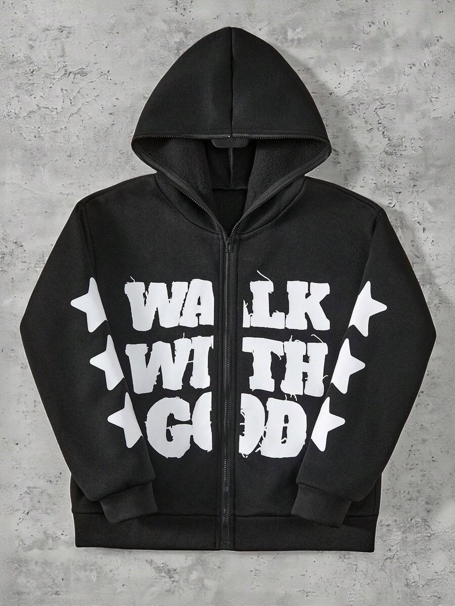 Coolqubz Tween Boys' "Walk With God" Printed Hooded Zip-Up Casual Street Jacket, Suitable For Spring, Autumn & Winter - Black - View 1