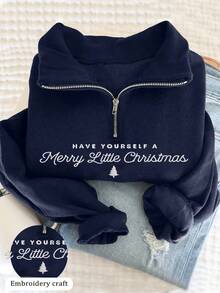 INAWLY 女式半拉链字母图案休闲套头衫 - 藏蓝色 - 查看 1