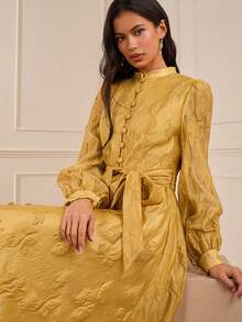 Lilora Elegant Solid Gold Jacquard Mandarin Collar Button Front Waist Gathered Puff Sleeve Long Sleeve Dress For Women, Autumn/Winter,Vintage,Party,Valentine's Day,Dance Party,Holiday,Wedding Guest,Party Dresses,New Years,Western,Old Money,Gown For Prom Night,Prom,Printemps à été,Going Out,Vintage,رمضان,Spring To Summer - Yellow - View 3