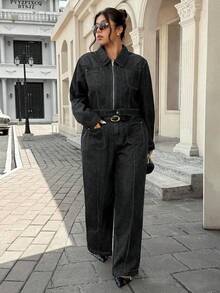 SHEIN ICON 大码女装时尚休闲水洗宽松牛仔裤 - 黑色 - 查看 8