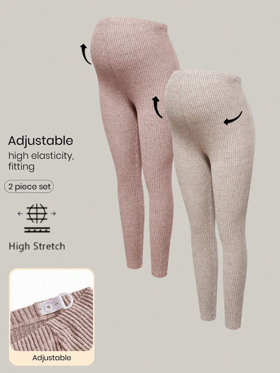 Modmama Pregnant Women's Solid Color Ribbed High Elasticity Casual Leggings - Pink - View 1