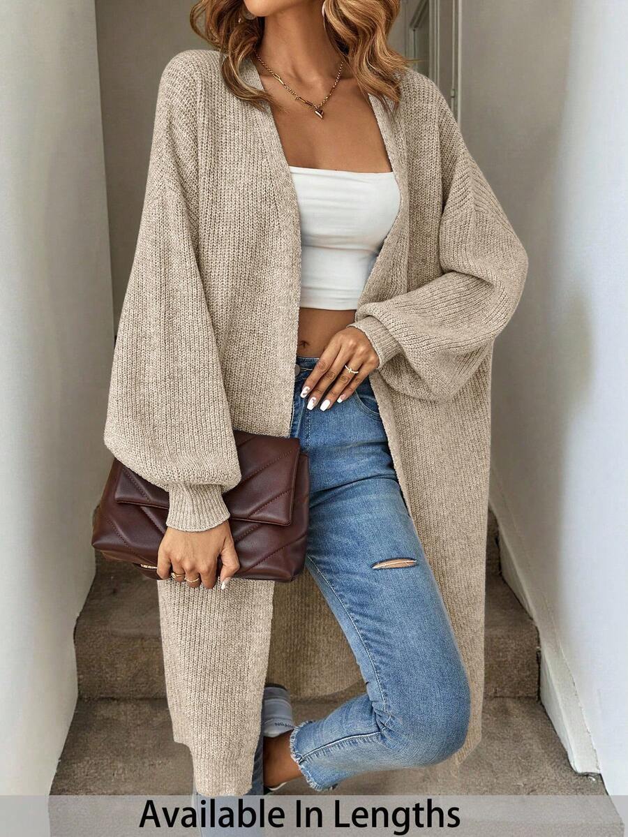 SHEIN Tall CURVE Plus Size Drop Shoulder Ribbed Knit Duster Cardigan,Long Sleeve Tops For Women Curve Tall In Fall/Winter - Beige - View 1
